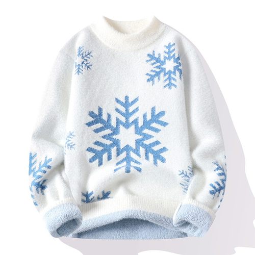青少年冬季加绒水貂绒毛衣男学生雪花潮牌加厚针织衫保暖潮流线衣