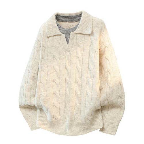 黑色假两件v领毛衣男女秋冬老钱风绞花针织衫慵懒松弛感polo线衣