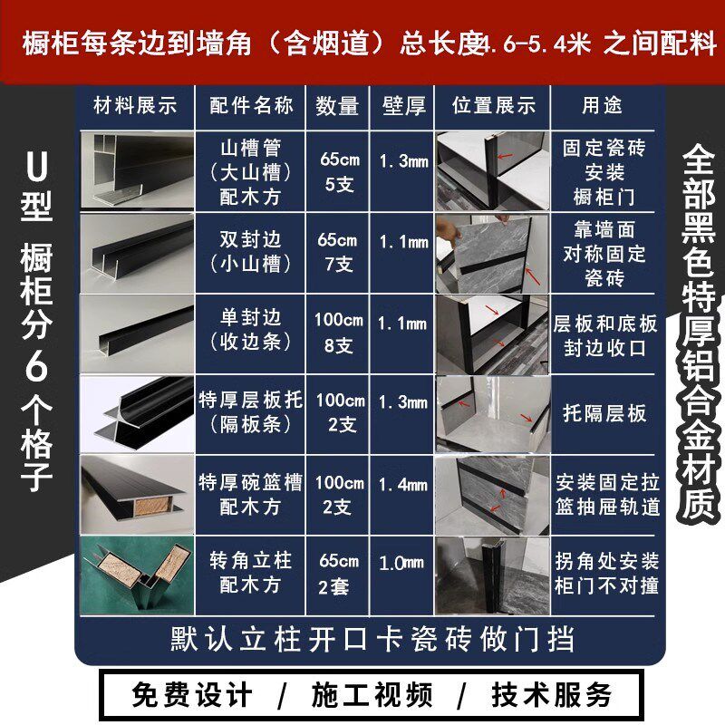 瓷砖橱柜全套配件黑色U型橱柜型材砖夹灶台铝合金立柱卡槽双封边