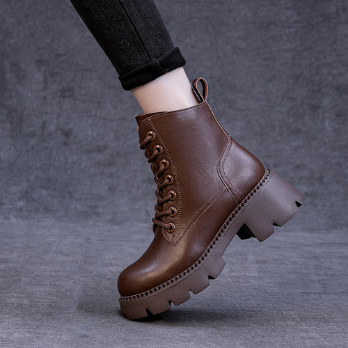 真皮厚底6CM马丁靴女2025年秋冬新款加绒复古中筒时尚英伦风短靴