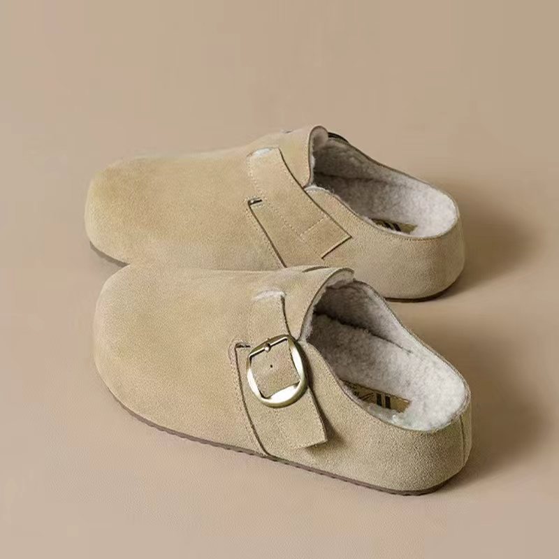 厚底内增高包头半拖鞋勃肯鞋女2025秋冬季新款加绒赖人毛毛鞋外穿