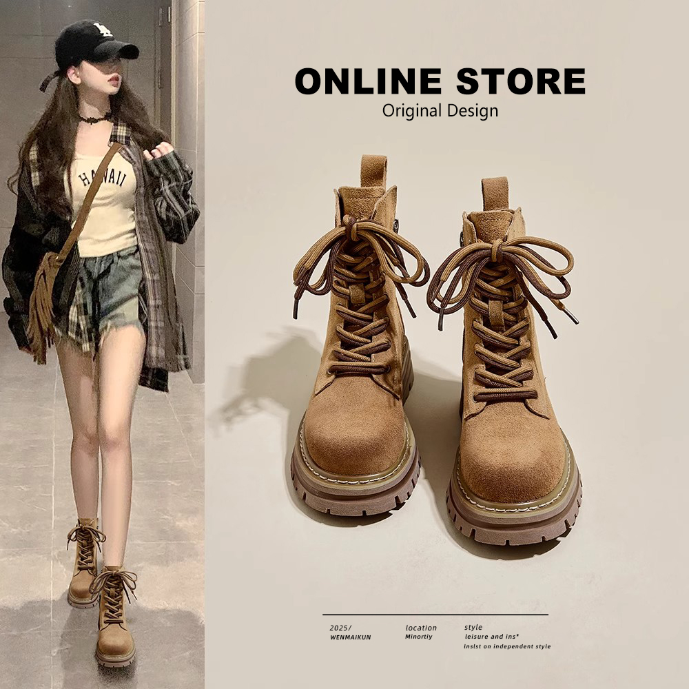 真皮马丁靴女2025新款夏秋季棕色工装厚底增高短筒靴子西部牛仔靴