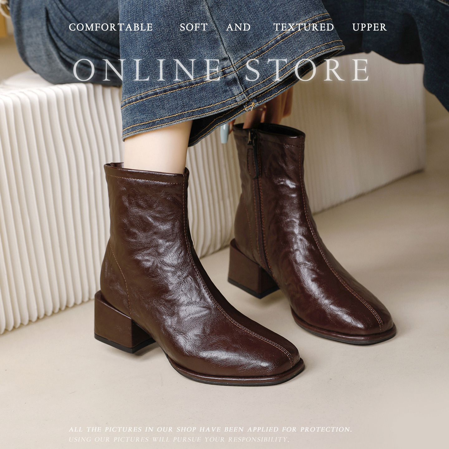 方头复古粗跟法式加绒切尔西靴