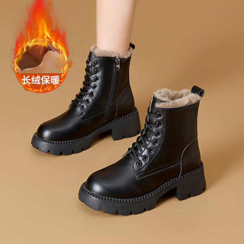 真皮厚底马丁靴女英伦风加绒短靴