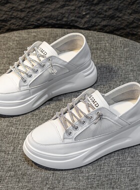 2026春夏新款透气网白色女鞋风格厚底增高平底鞋单腿莱0302z