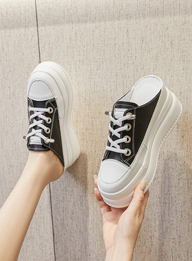 2026春夏新款小白鞋女新款厚底内增高8CM套脚半拖懒人鞋0302z