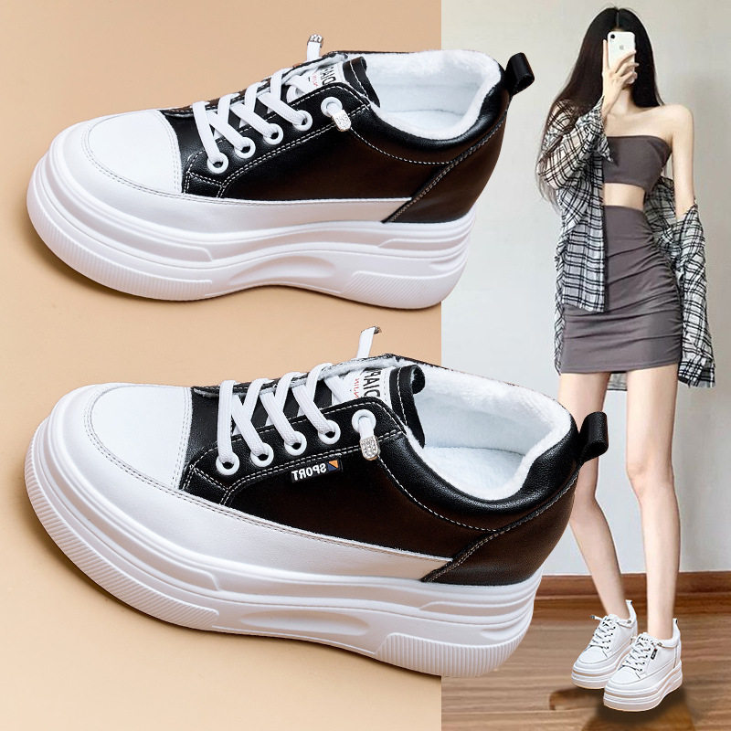 厚底8CM内增高加绒小白鞋女2025秋冬真皮百搭韩版小个子休闲鞋子