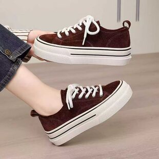 时尚磨砂真皮厚底板鞋女2026秋季新款韩版百搭系带休闲运动鞋单鞋