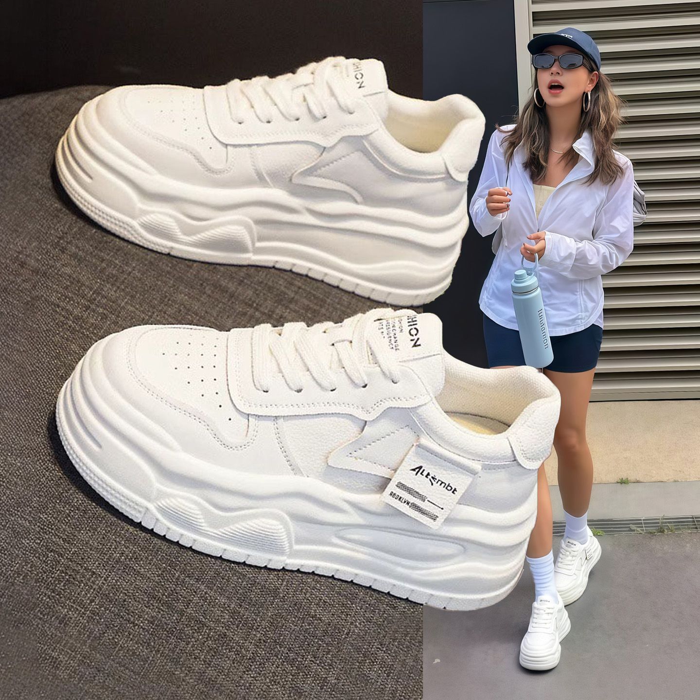 真皮厚底内增高小白鞋女春秋新款