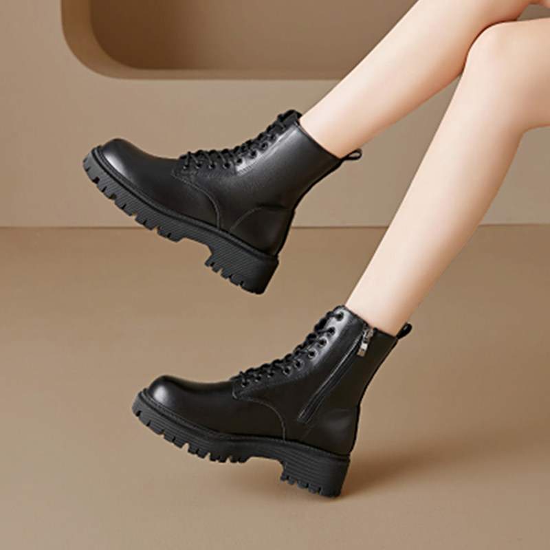 真皮英伦风马丁靴女2026秋冬新款厚底增高黑色短靴加绒网红机车靴