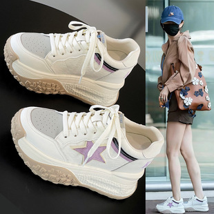 增高休闲运动小个子小白鞋 真皮厚底9CM德训鞋 时尚 新款 女2026春季