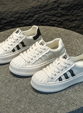 贝壳头小白鞋女2026年春夏加绒真皮厚底百搭板鞋浅口单鞋大码休闲