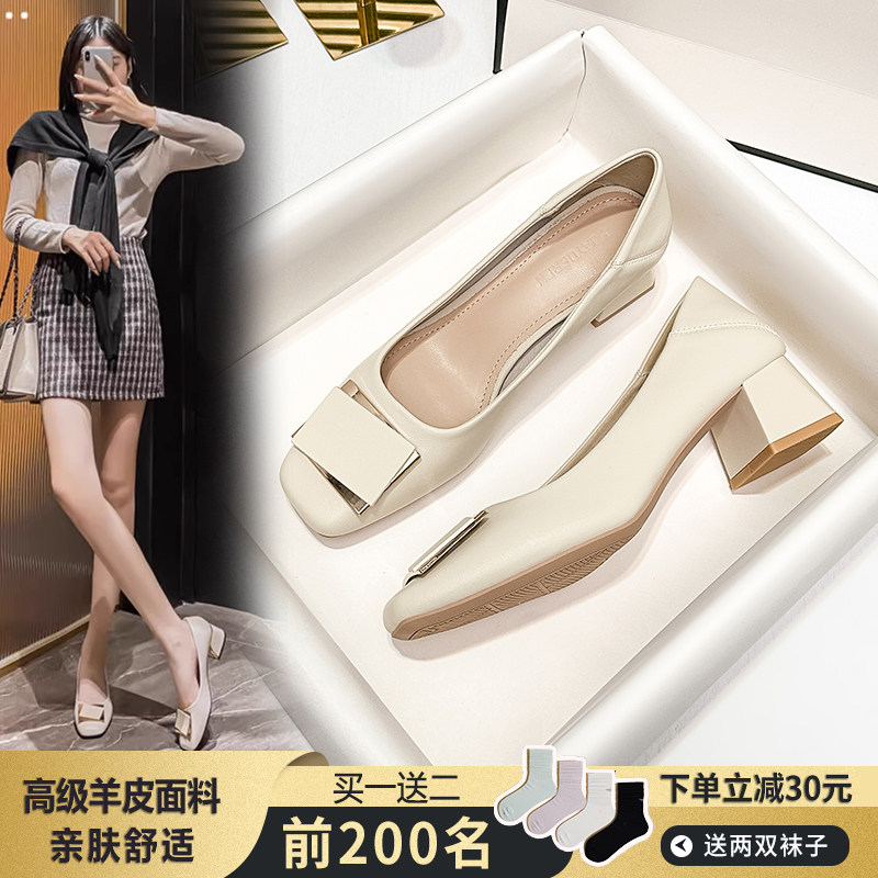 粗跟单鞋女2026新款休闲中跟5CM方头妈妈鞋浅口高跟时装女鞋皮鞋