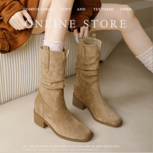 内增高8CM堆堆靴复古美拉德靴子女2025秋冬粗跟中筒马丁靴牛仔靴