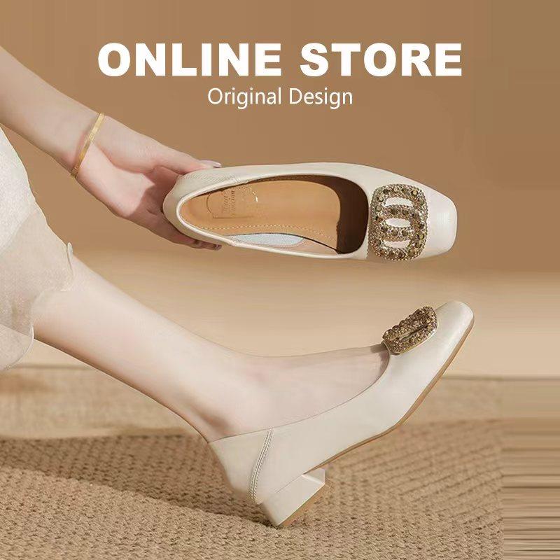 真皮方头粗跟单鞋女2025夏秋季新款晚晚风温柔法式通勤低跟妈妈鞋