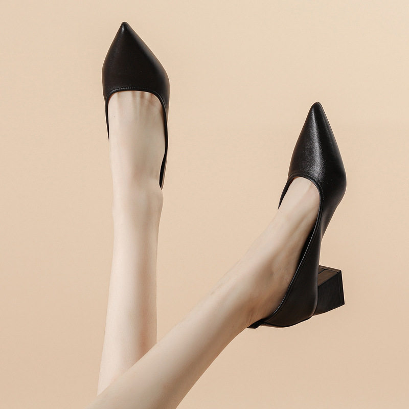 真皮网红新款浅口高跟尖头2026年春夏季单鞋女通勤粗跟软皮鞋休闲