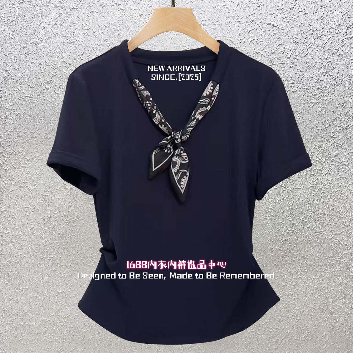 浙江至纯服饰商场同款配丝巾短袖恤女年夏季新款宝蓝小衫大码显瘦