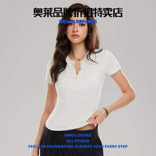 宁波安玖亨利衫短袖女辣妹正肩恤健身领纽扣裸感透气瑜伽服时尚百