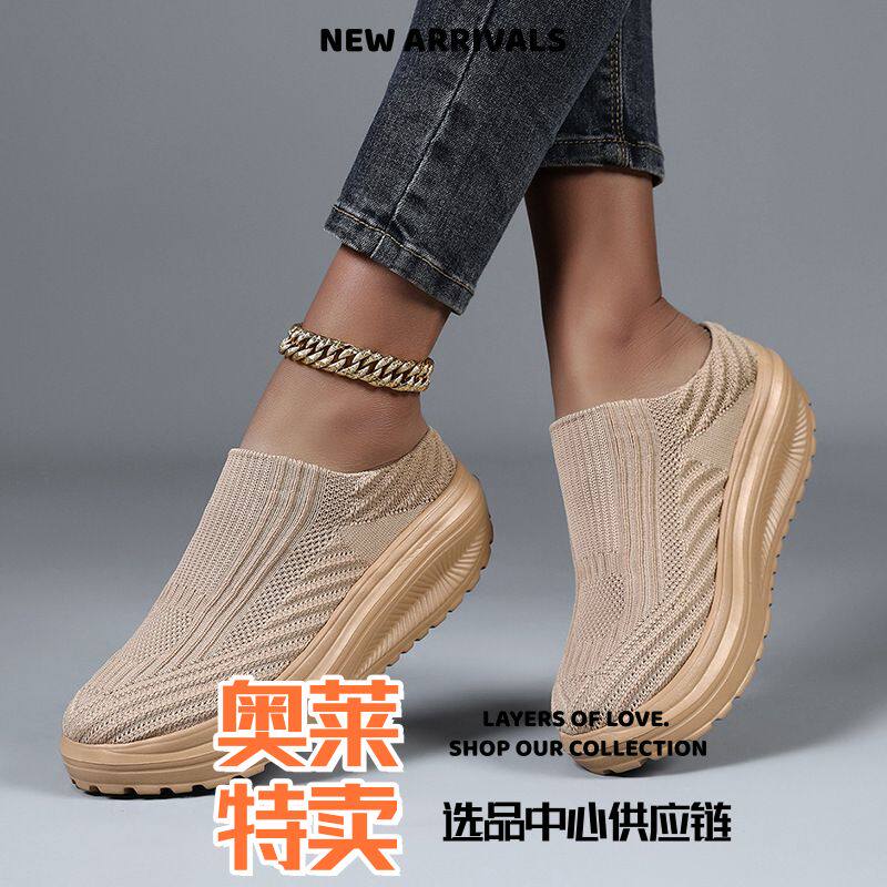 太仓运动鞋跑步鞋厚底女单鞋网面摇摇鞋懒人鞋平底摇摇鞋舒适袜子