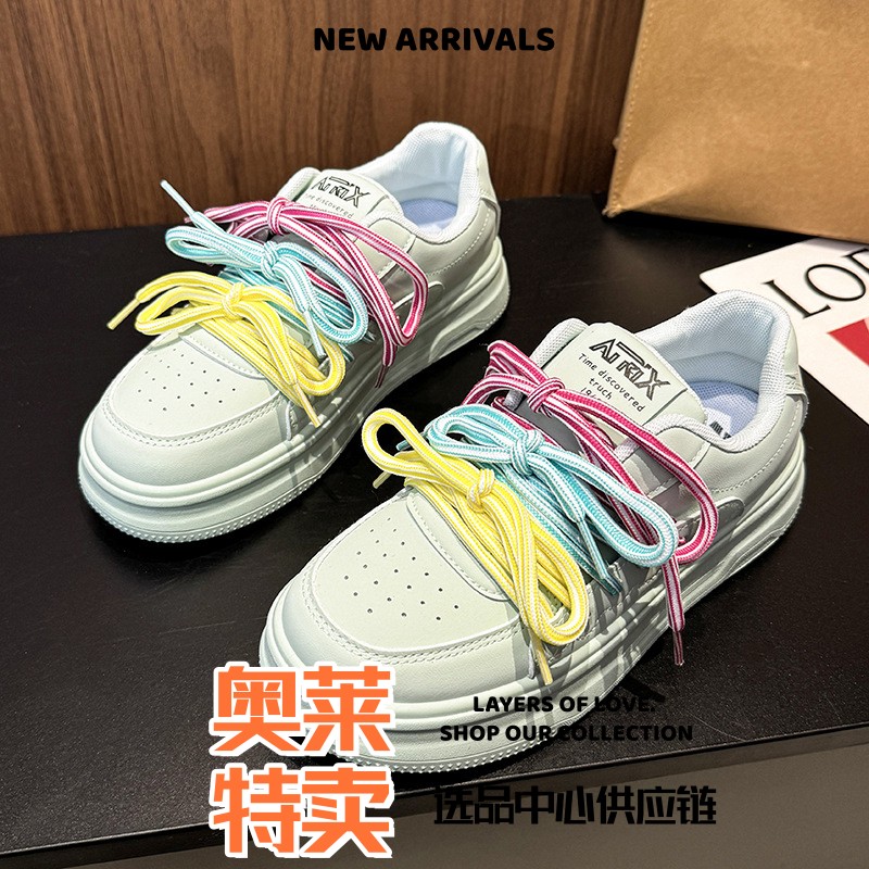 青岛老爹鞋女款多胺三系带小白鞋女春季新款松糕软底时尚板鞋女学