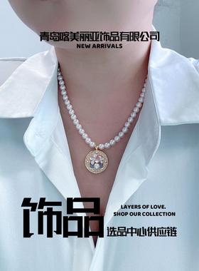 青岛喀美丽亚饰品法式彩色滴油爱心蝴蝶吊坠珍珠项链女油画风设计