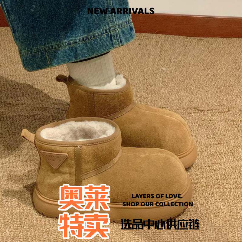 晋江乐城冬季新款磨砂皮加厚雪地棉靴面包鞋小个子女鞋