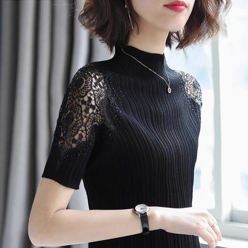 半高领冰丝针织短袖t恤女夏季2025新款勾花镂空薄款显瘦打底上衣