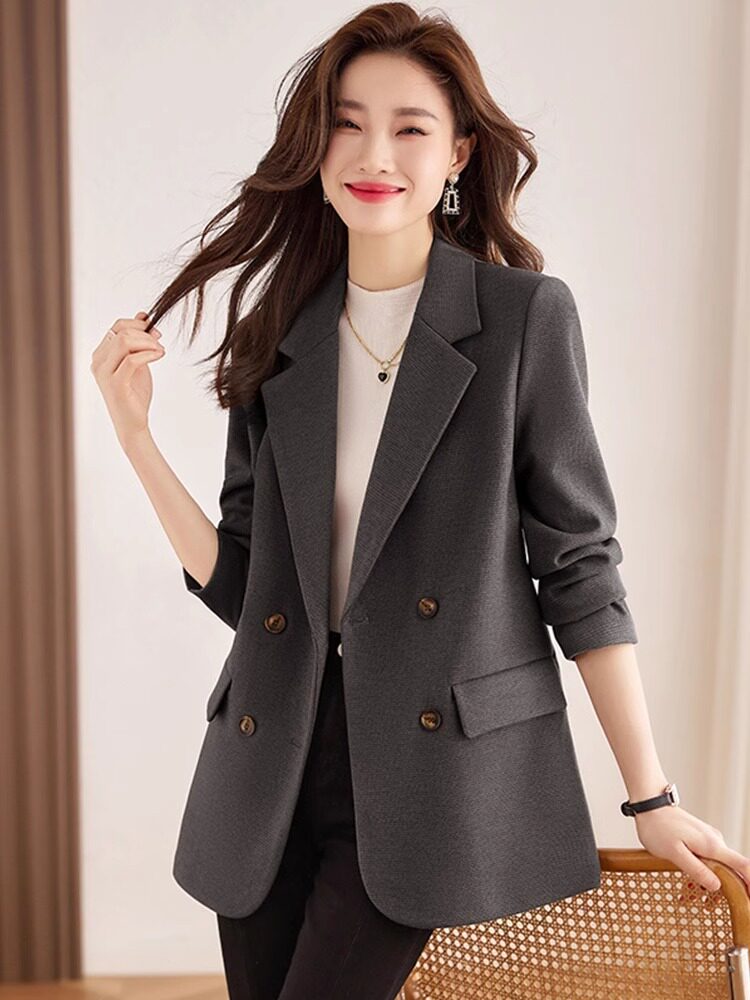 灰色西装外套女春秋2025新款高级感气质通勤休闲显瘦毛呢小西服