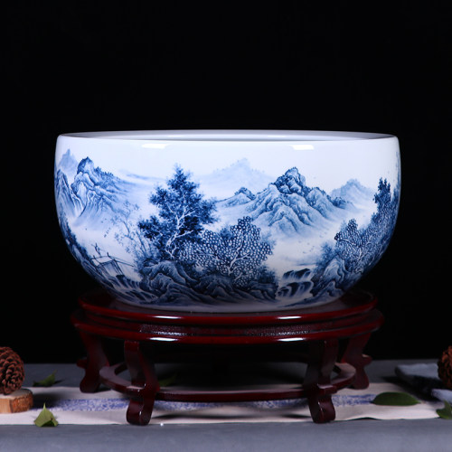 陶瓷手绘青花山水睡莲盆金鱼缸