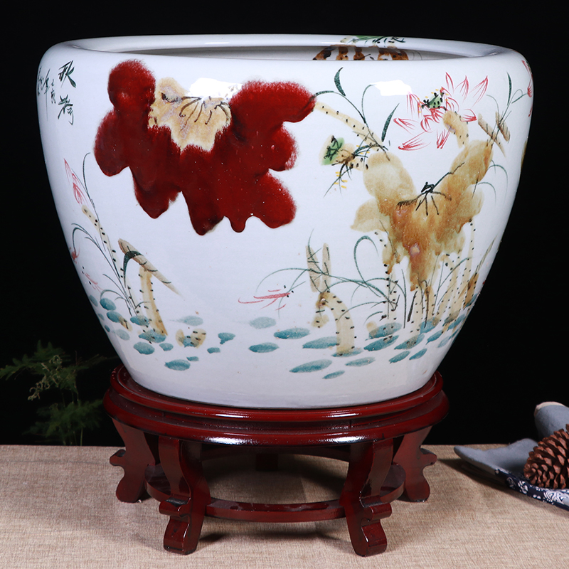 陶瓷手绘睡莲盆风水摆件乌龟缸