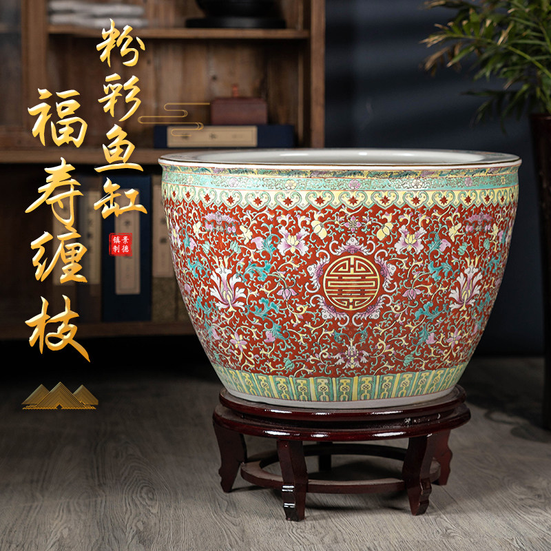 手绘粉彩陶瓷大号鱼缸景德镇睡莲荷花盆仿古客厅庭院书画水缸摆件