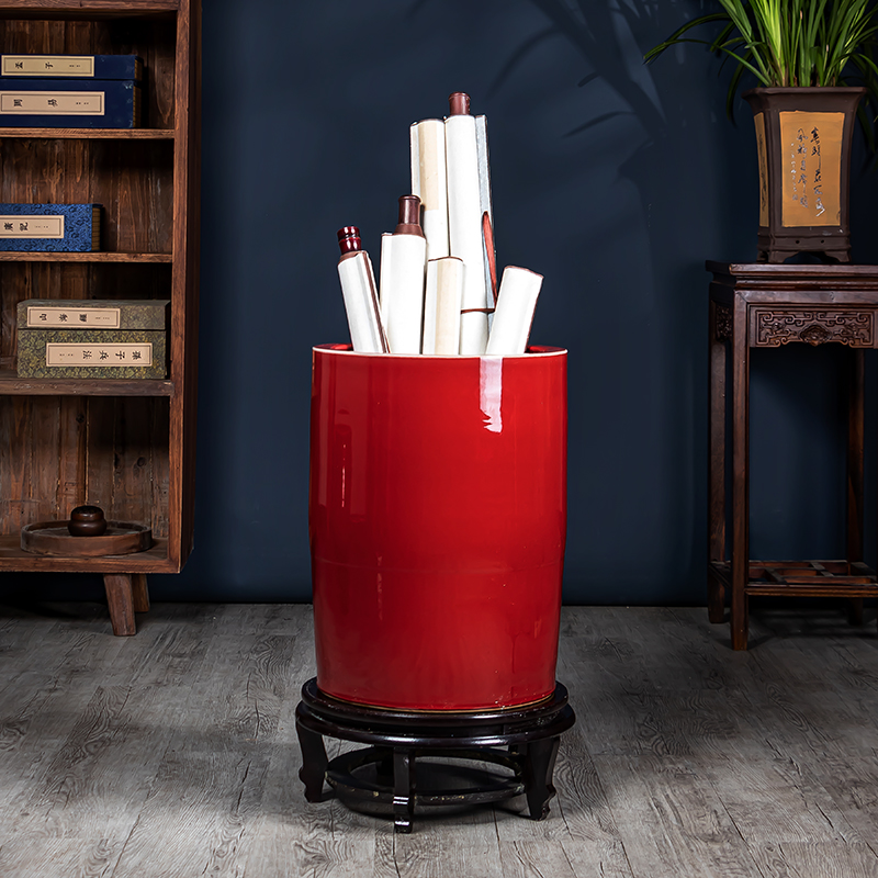 轻奢郎红书画缸景德镇陶瓷客厅落地大花瓶书房字画雨伞收纳桶摆件