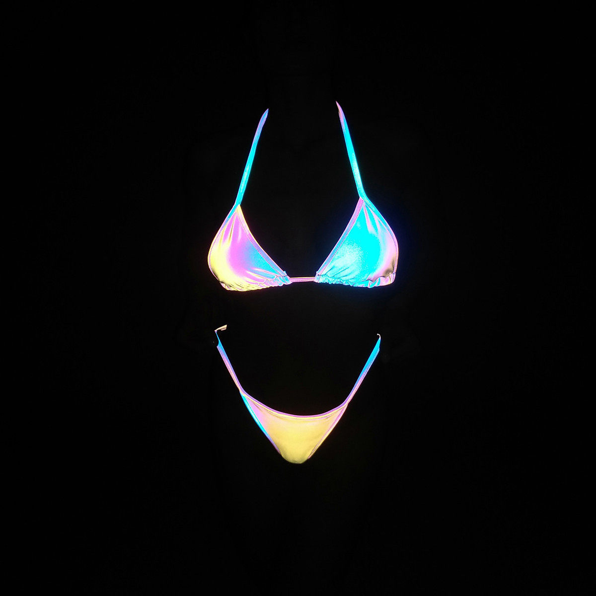 2024外贸炫彩反光比基尼ins绑带分体泳衣镭射bikini