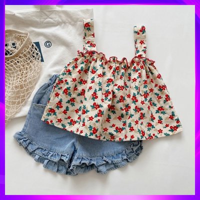 巴拉巴女童夏装套装新款韩版网红洋气女宝宝短裤小童吊带纯棉两件