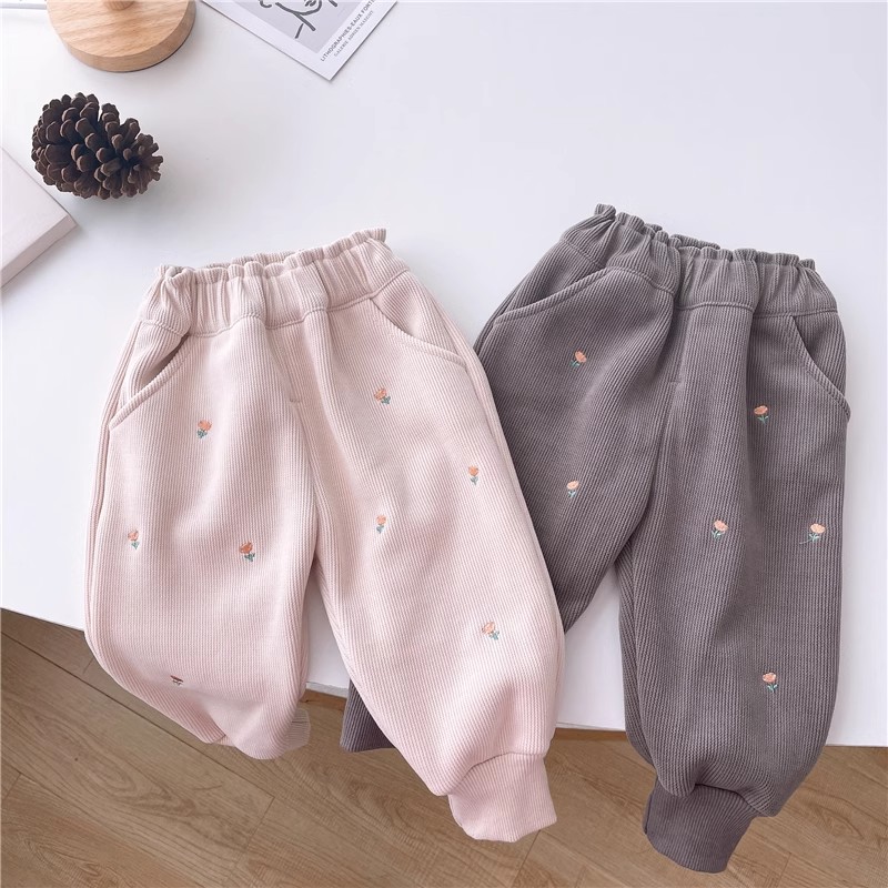 品牌女宝宝保暖裤子秋冬款外穿小女孩加厚一体绒洋气卫裤灯芯绒长