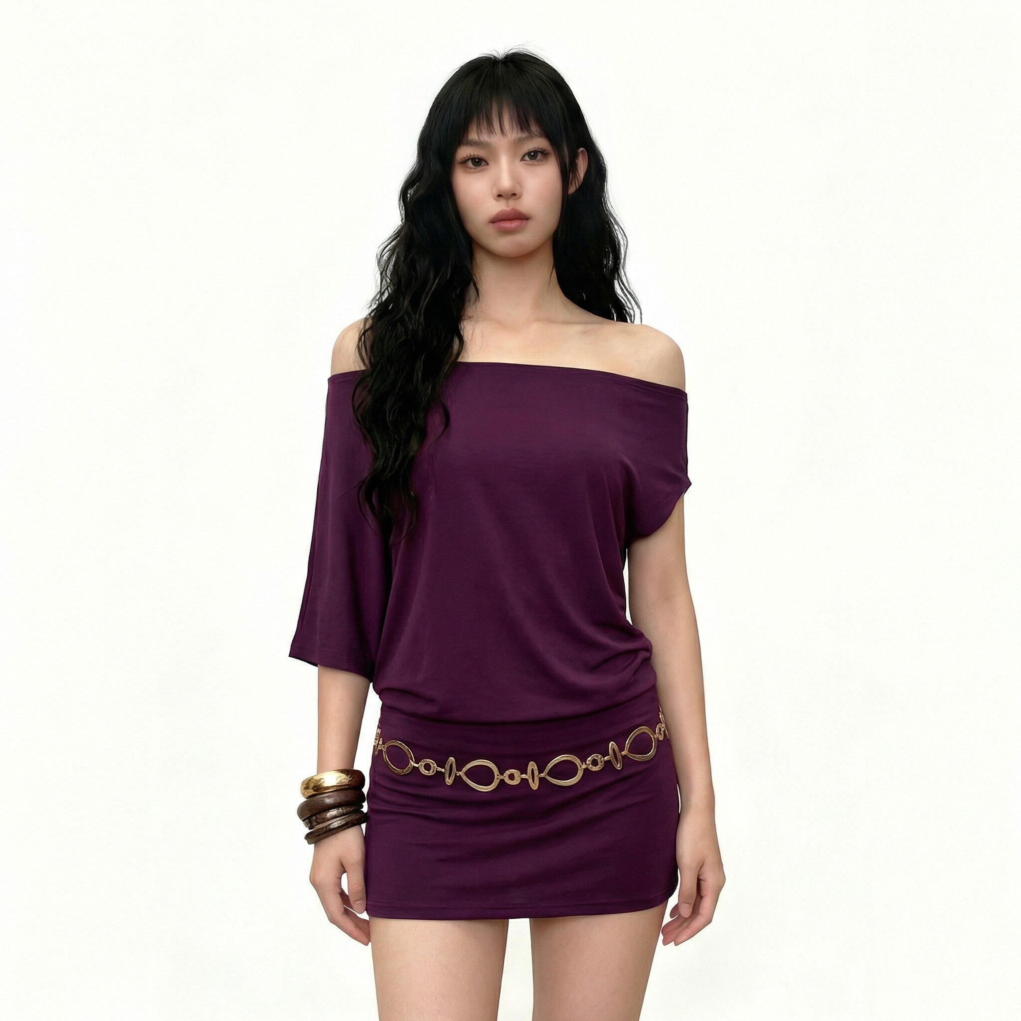 EILOVE 性感轻熟风葡萄紫斜领露肩连衣裙女欧美慵懒蝙蝠袖包臀裙