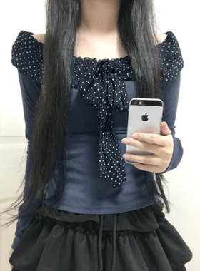 eilove古早少女波点拼接荷叶领上衣女复古气质一字肩坑条针织T恤