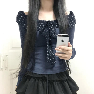 eilove古早少女波点拼接荷叶领上衣女复古气质一字肩坑条针织T恤