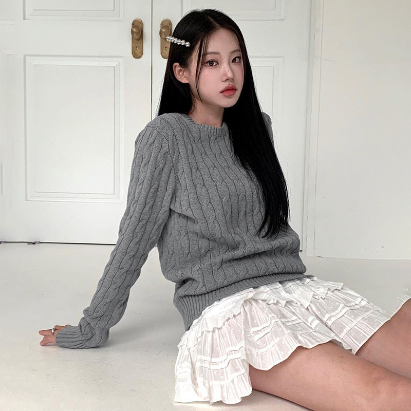 eilove复古麻花纹理圆领套头针织衫女秋冬修身打底格雷系灰色毛衣