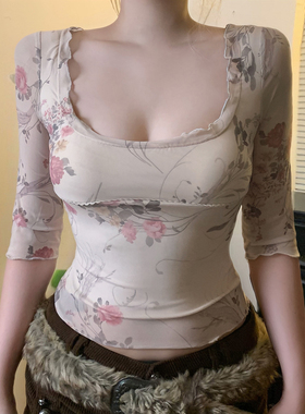 eilove新中式花卉网纱印花中袖T恤女木耳花边低胸u领纯欲性感上衣