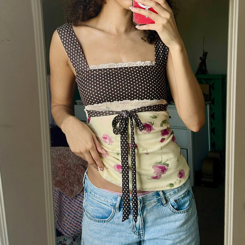 法式田园碎花蕾丝方领上衣