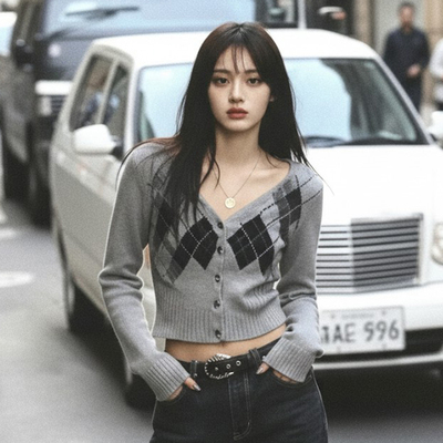 美式复古菱格撞色v领针织衫