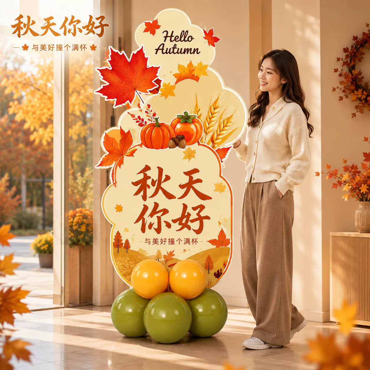 秋天装饰kt板迎宾牌氛围秋季立秋场景布置摆件道具商场奶茶幼儿园