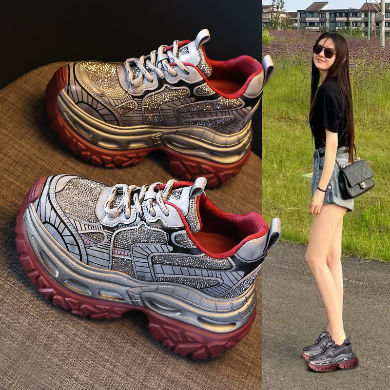 厚底内增高水钻老爹鞋女2025秋季新款松糕9cm运动休闲鞋轻便透气