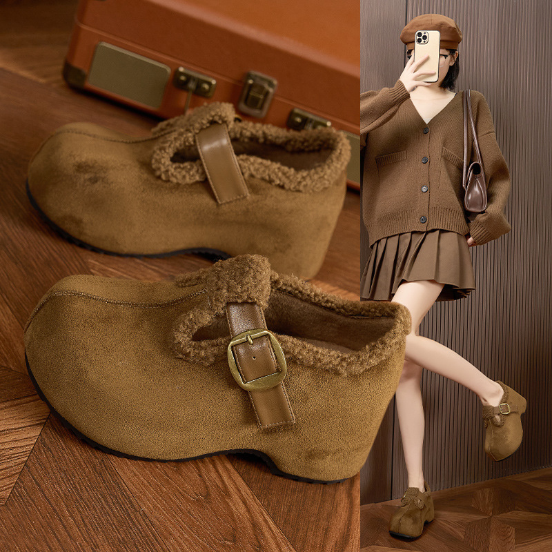 内增高毛呢勃肯鞋女2025秋冬新款加绒保暖乐福鞋防滑厚底百搭棉鞋