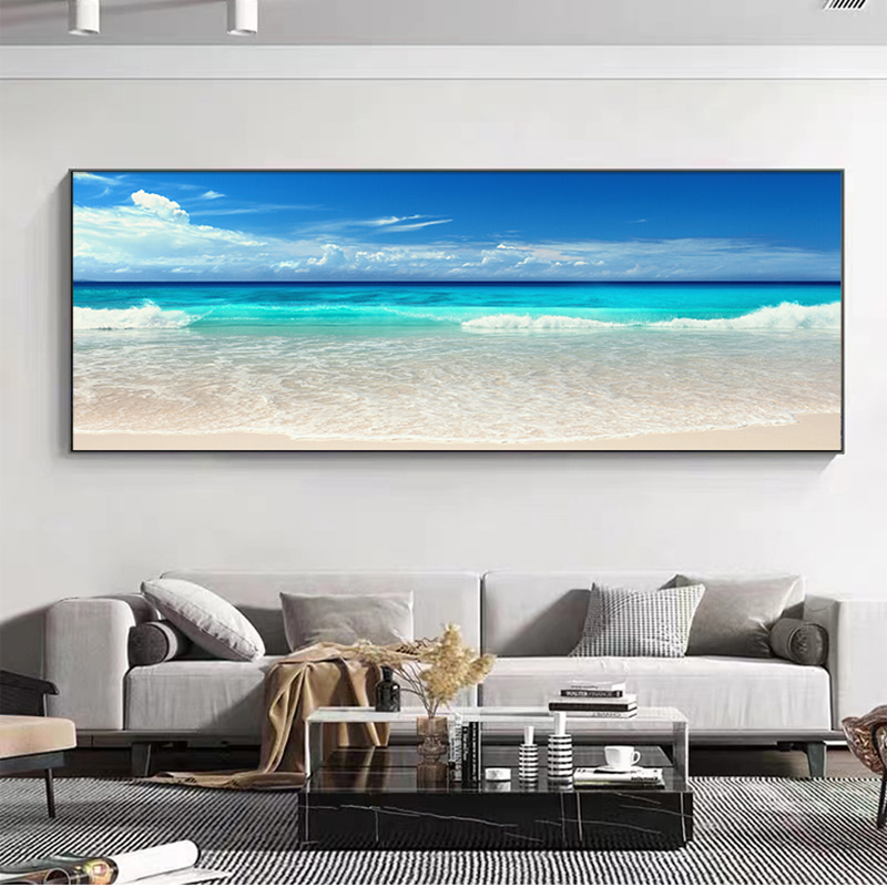 蓝色风景大海浪花客厅沙发背景墙画横版装饰画卧室书房挂画水晶画