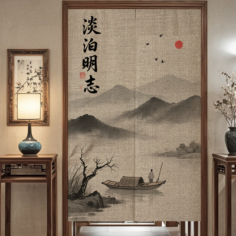 国风山水国画新中式棉麻半截短帘