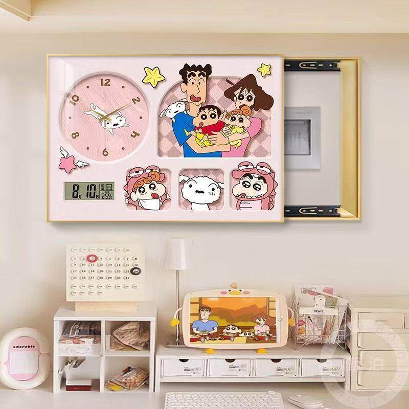 蜡笔小新电表箱装饰画钟表打孔遮挡配电箱闸盒壁画弱电时钟挂画