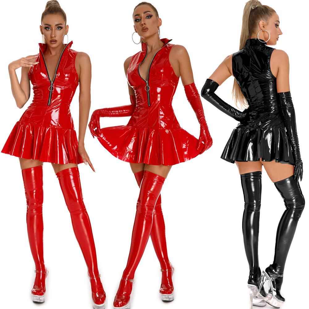 Women's tight patent leather one-piece skirt女紧身漆皮连体裙