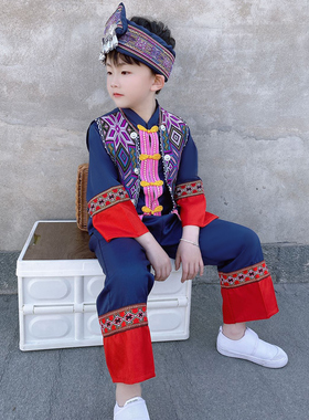 儿童少数民族服装男壮族服饰苗族男童瑶族演出服装棉布仫佬族衣服